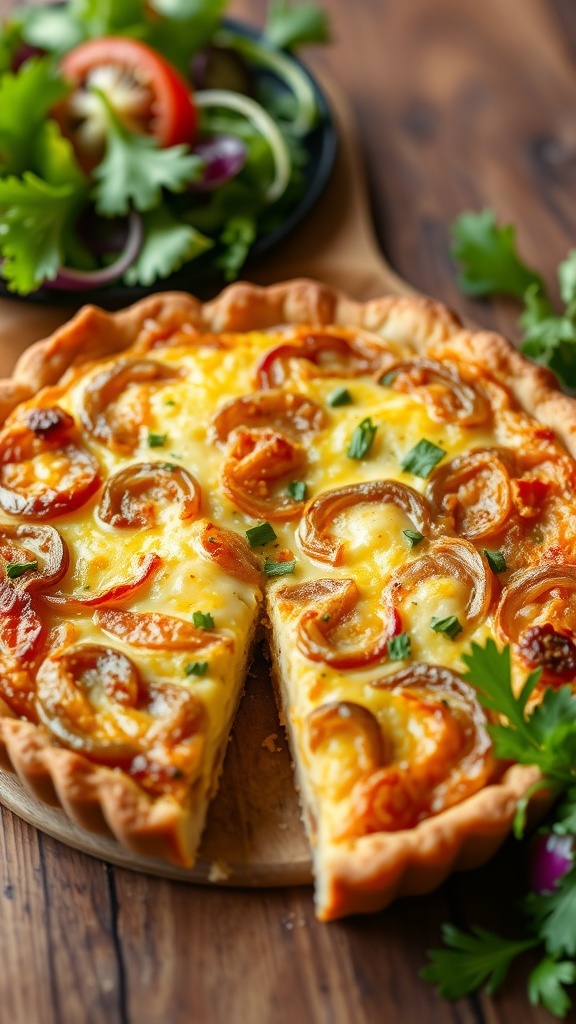 A baked onion quiche with a flaky crust, filled with caramelized onions and cheese, on a wooden table with a slice removed.